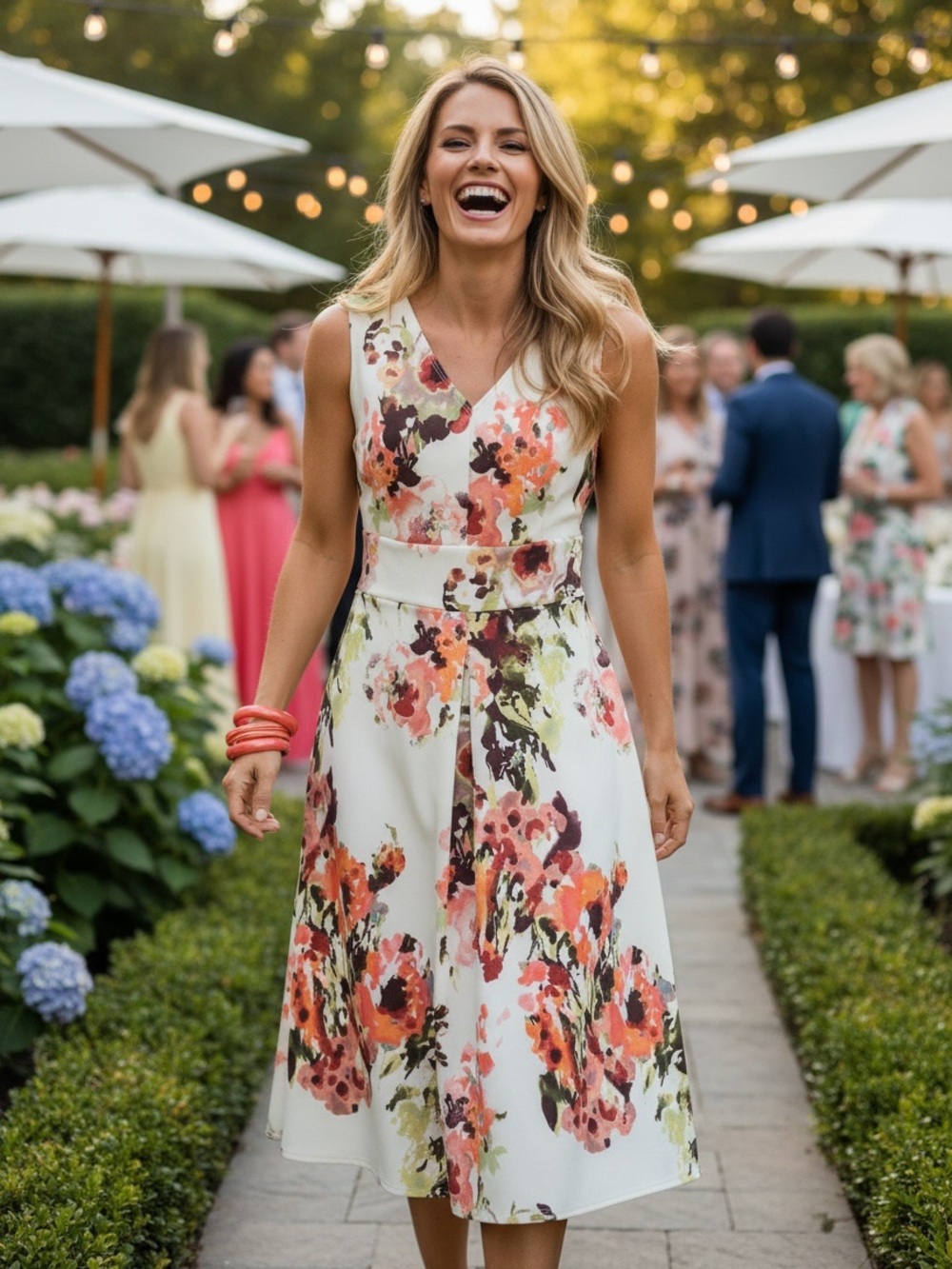 Olivia Matthews Sleeveless Ivory & Coral Floral Fit & Flare Garden Party Midi 14